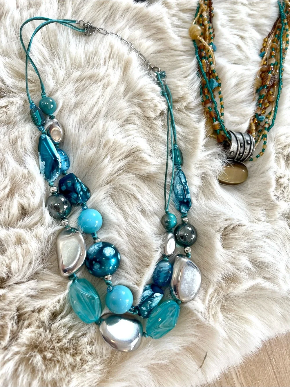 3 Multi-Strand Beaded Necklaces Set in Teal and Amber, multi stones